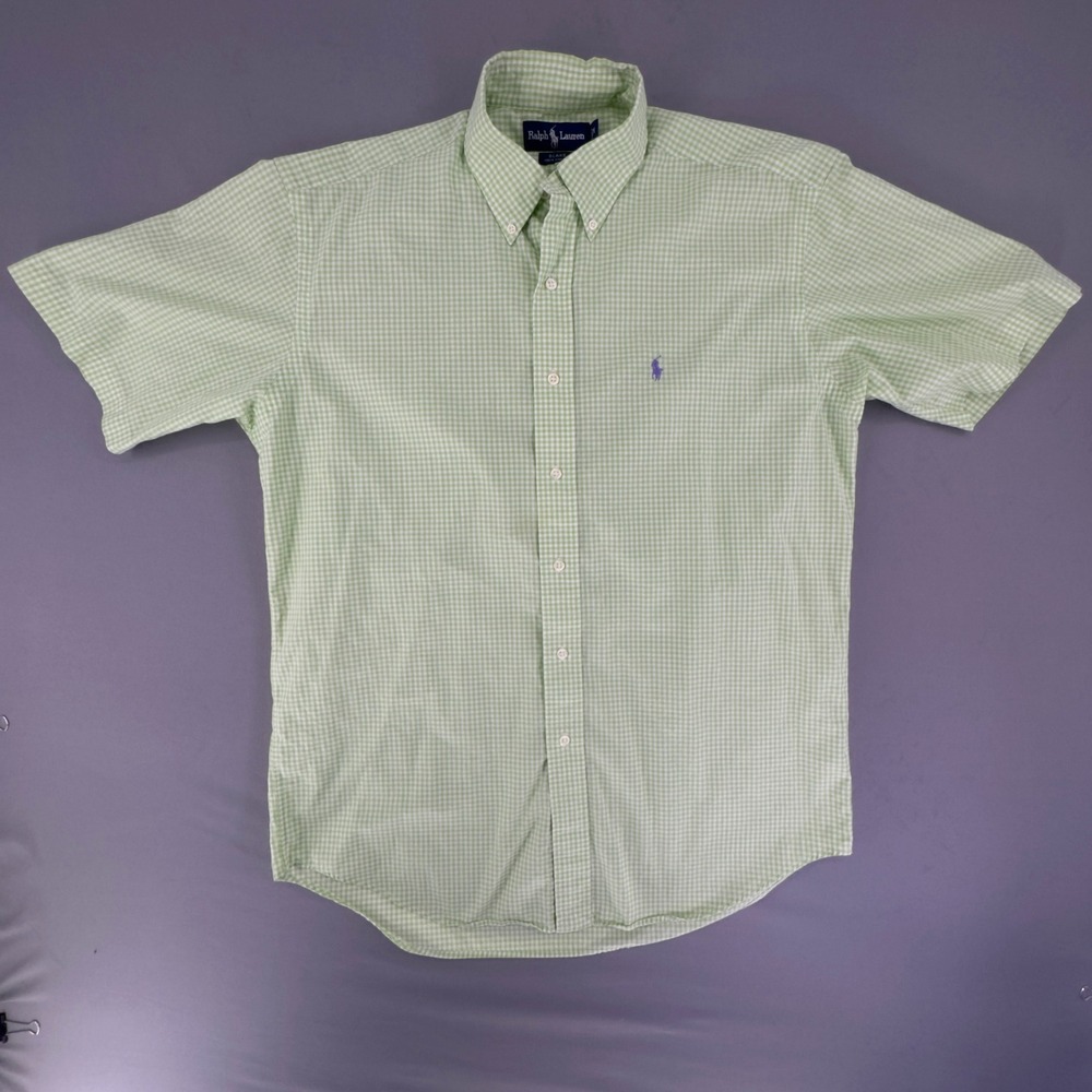 VTG Polo Ralph Lauren Blake Mens Medium Green Gingham Cotton Short Sleeve Shirt